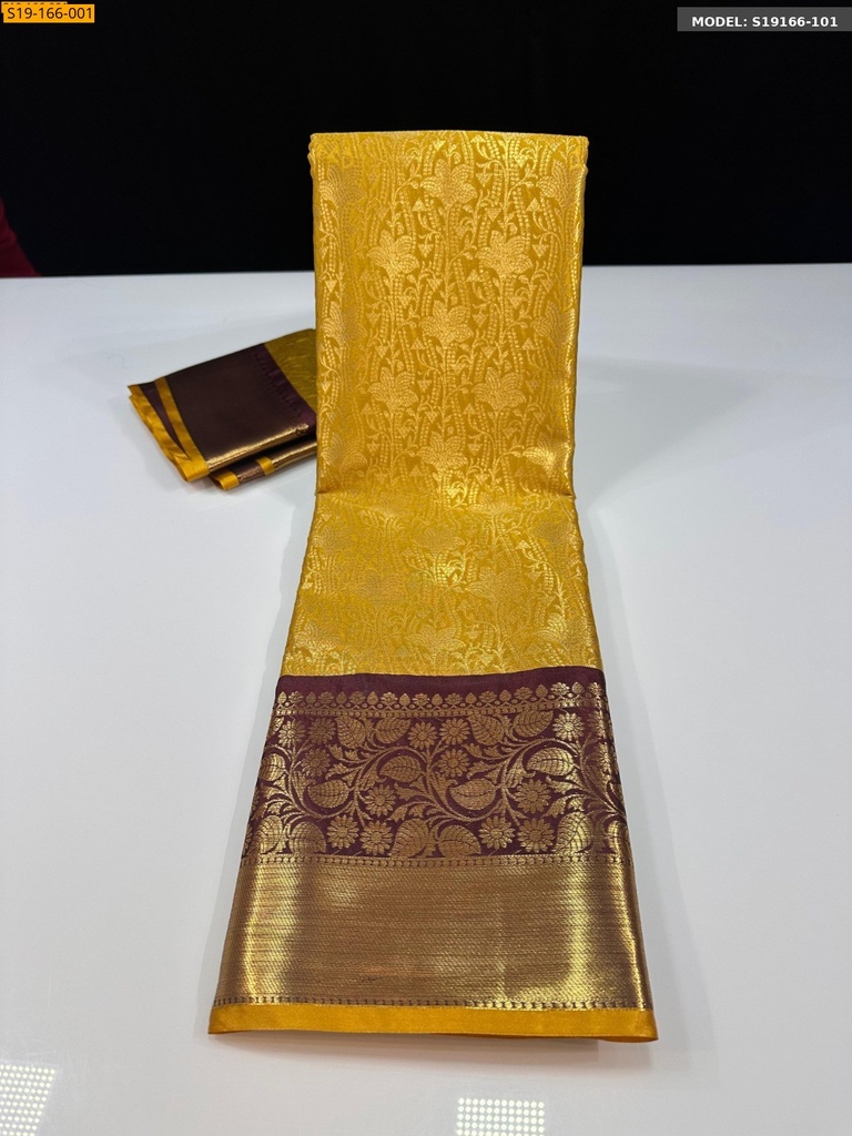 [S19166-101] Yellow Banarasi semi katan soft silk saree