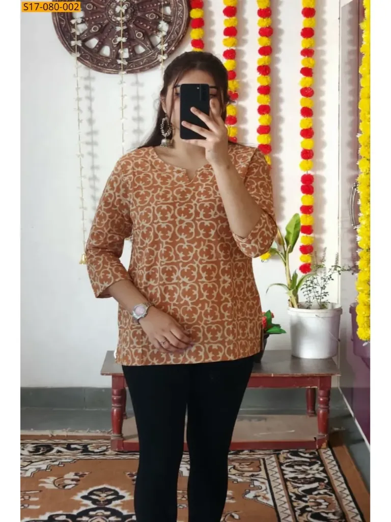 Orange Cotton printed‎ short Top